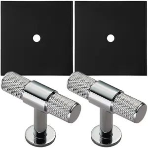 2 PACK - Cabinet Door Knob & Contrasting Backplate Set - Knurled T Bar Pull - Polished Chrome & Black