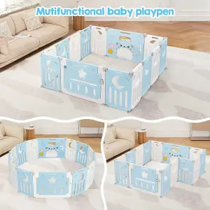 12+2 Panel Baby Foldable Playpen with Safety Gate 25 Sq.ft - Blue White