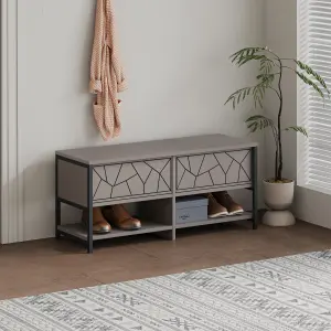 Decortie Modern Inola Shoe Bench Mocha Grey Engineered Wood Geometric Laser-Cut Shape 2-Door Cupboard 105(W)cm Metal Legs Hallway