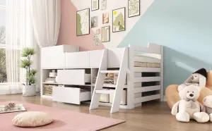 Cabin Bed Mid Sleeper Bed Frame Storage Kids Wooden bed Low Sleeper Bed Single Children's White Wooden Bed Frame Only 90 x 190 cm