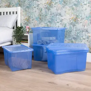 Wham Crystal Sparkle 5x 60L Plastic Storage Boxes with Lids Tint Sparkle Blue. Large Size, Strong (Pack of 5, 60 Litre)