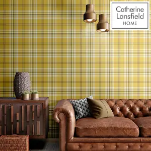 Catherine Lansfield Ochre Check Pearl Effect Embossed Wallpaper