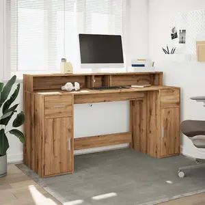 Berkfield Desk with LED Lights Artisian Oak 160x55x91 cm Engineered Wood