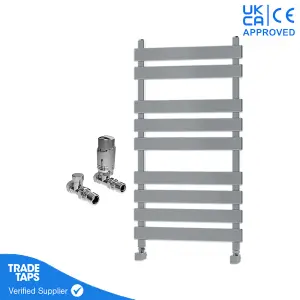 Designer Marvella Chrome Flat Panel Towel Radiator Heated Ladder Rail - 950 x 500mm - Straight TRV Valve Pair