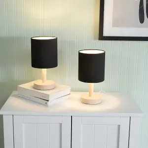 ValueLights Nelly Set of 2 - Natural Wood Base Bedside Table Lamps with Black Cylinder Fabric Lampshade for Bedroom Light