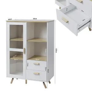 80 x 40 x 120cm Side Cabinet with Glass Door Drawers and Open Shelves