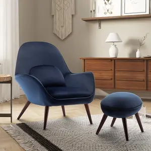 Velvet Navy Blue Lorenzo Accent Chair with Footstool