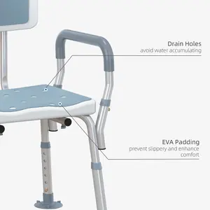 HOMCOM EVA Padded Shower Stool with Back and Arms 4 Suction Foot Pads Blue