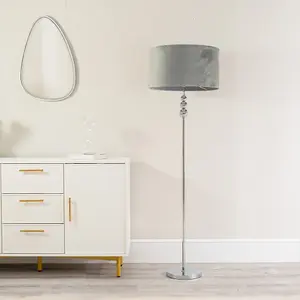 ValueLights Marissa Chrome Stacked Ball Floor Lamp with Grey Velvet Shade - LED Bulb Included