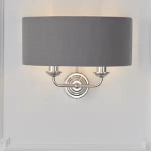 Wall Light - Bright Nickel Plate & Charcoal Fabric - 2 x 40W E14 - Dimmable