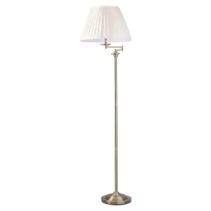 First Choice Lighting Antique Brass Swing Arm Floor Lamp with White Pleated Shade