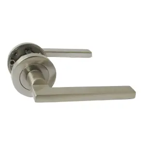 UNO Door Handle Lock Key Set Modern Satin Nickel Lever on Rose Internal Escutcheon Pack