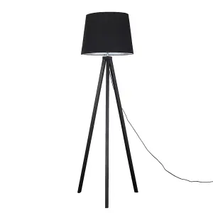 ValueLights Barbro Modern Black Wood Tripod Design Floor Lamp with Black Tapered Shade - Includes 6w LED GLS Bulb 3000K Warm White