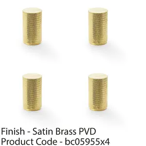 4 PACK - Knurled Cylinder Cupboard Door Knob - 20mm x 35mm - Satin Brass Pull Handle