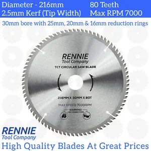 216mm x 80T TCT Circular Wood Saw Blade. Fits Festool Bosch Makita Dewalt Circular Saws Etc