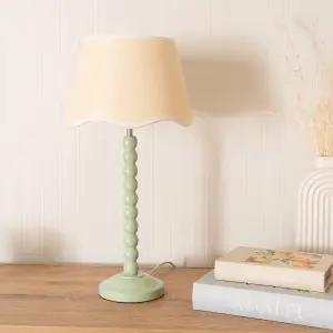 ValueLights Bobbins Sage Green Table Lamp with Linen Scallop White Trim Shade and LED Bulb