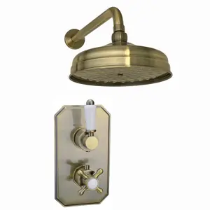 ENKI Regent Antique Brass Crosshead Ceiling Fixed Brass Thermostatic Shower Set 8"