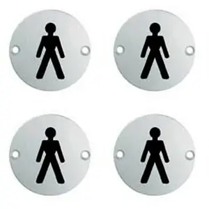 4x Bathroom Door Male Symbol Sign 64mm Fixing Centres 76mm Dia Polished Steel