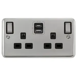 Curved Polished Chrome 2 Gang 13A DP Ingot Type A & C USB Twin Double Switched Plug Socket - Black Trim - SE Home