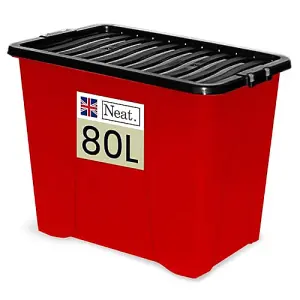 Neat. 80L Storage Boxes with Lids - Red Base & Black Clip Lid Ideal for Home Organisation- Pack of 10