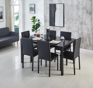 Emillia MDF Marble Effect Dining Table with 6 Faux Leather Chairs in Black