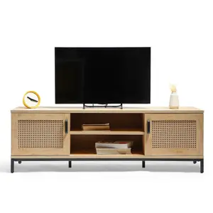 VonHaus Rattan TV Unit - Light Wood Wicker TV Cabinet - 2 Storage Cupboards & 2 Open Shelves Entertainment Unit, Max. 60" TV