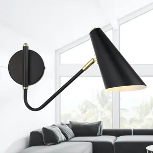 First Choice Lighting Set of 2 Dakotta Matt Black & Brushed Gold Adjustable Wall Lamps