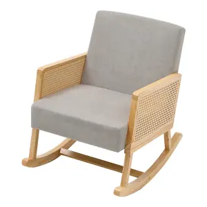 Linen Wooden Rattan Rocking Chair with Wood Frame Upholstered Recliner Armchair Rocker Lounge Chair Grey