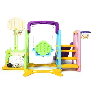 COSTWAY 6 in 1 Kids Slide Swing Set Climbing Slide Playset W/ Basketball & Soccer Goal