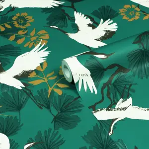 furn. Demoiselle Jade Green Botanical Printed Wallpaper Sample