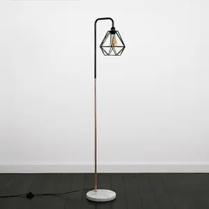 ValueLights Talisman Black Copper Metal and White Marble Base Floor Lamp with Gloss Black Metal Cage Shade