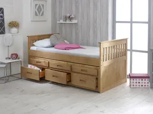 Single Captain Storage Wooden Bed, 3FT, with 3 storage drawers and a Pull Out Under Bed - Waxed