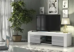 TV Unit 130cm Modern White with High Gloss Grey Doors - Creative Furniture