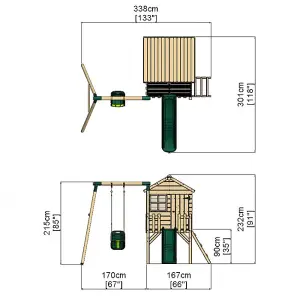 Rebo Orchard 4ft x 4ft Wooden Playhouse with Baby Swing, 900mm Deck and 6ft Slide - Pluto Green