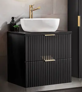 Countertop Vanity Unit with Basin 600mm Wall Hung Bathroom Cabinet Black Ribbed Textured Drawers Adel