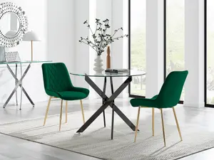 Furniturebox UK Novara 100cm Round Black Leg Dining Table & 2 Green Pesaro Gold Leg Chairs