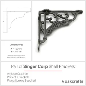 Oakcrafts - Pair of Antique Cast Iron Singer Corp Shelf Brackets - 150mm x 150mm