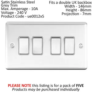 5 PACK 4 Gang Quad Metal Light Switch SATIN STEEL 2 Way 10A Grey Trim