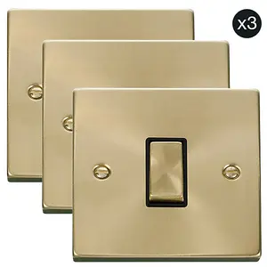 3 PACK - Satin / Brushed Brass 10A 1 Gang 2 Way Ingot Light Switch - Black Trim - SE Home