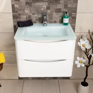 Eden 600mm Wall Hung Vanity Unit in Gloss White & White Glass Basin