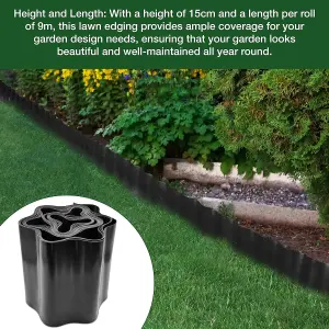 9 Metres Black Flexible Plastic Lawn Edging Durable, Weatherproof, and Frost-Resistant  15cm Height