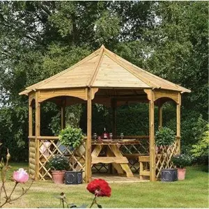 Deluxe Pressure Treated Octagonal Gazebo + Open Trellis Sides & Floor (3.5m x 3.5m x 2.7m)