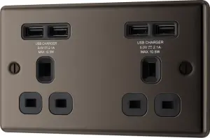 GoodHome Black Nickel Double 13A Raised rounded Unswitched Screwed Socket with USB, x4 & Black inserts