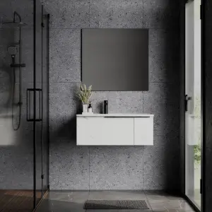 Banyetti Siena 800mm Wall Hung Basin Unit with Matt Black Handles - Carrara Marble