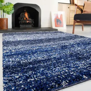 Super Soft Navy Blue Mottled Striped Shaggy Area Rug 120x170cm