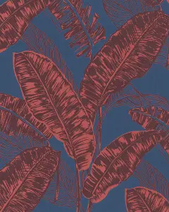 Galerie Imagine Blue Red Bold Jungle Leaf Embossed Wallpaper