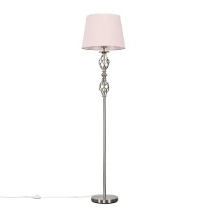 ValueLights Pembroke Traditional Style Chrome Double Twist Floor Lamp with Pink Tapered Shade - Includes 6w LED Bulb 3000K