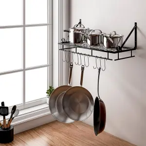 Kitchen Metal Shelves Saucepan Pan Pot Rack Storage Shelf with 10 Hooks Wall Mounted W 60 cm