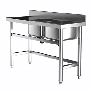 2 Compartment Commercial Floorstanding Stainless Steel Kitchen Sink with Left Drinboard