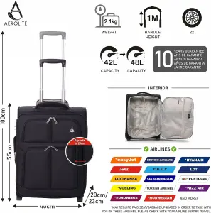 Aerolite 55x40x20cm (Expandable 55x40x23cm) 48L Ultra Lightweight Eco Friendly Carry On Hand Cabin Luggage Travel Suitcase 55x40x2